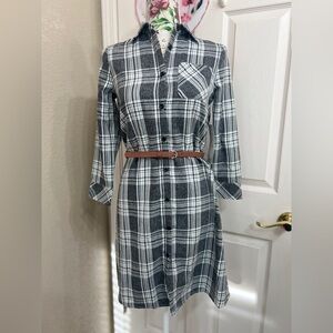 L&S Girls Size L Plaid Long Sleeve Button Down Dress With Belt Black White NWT